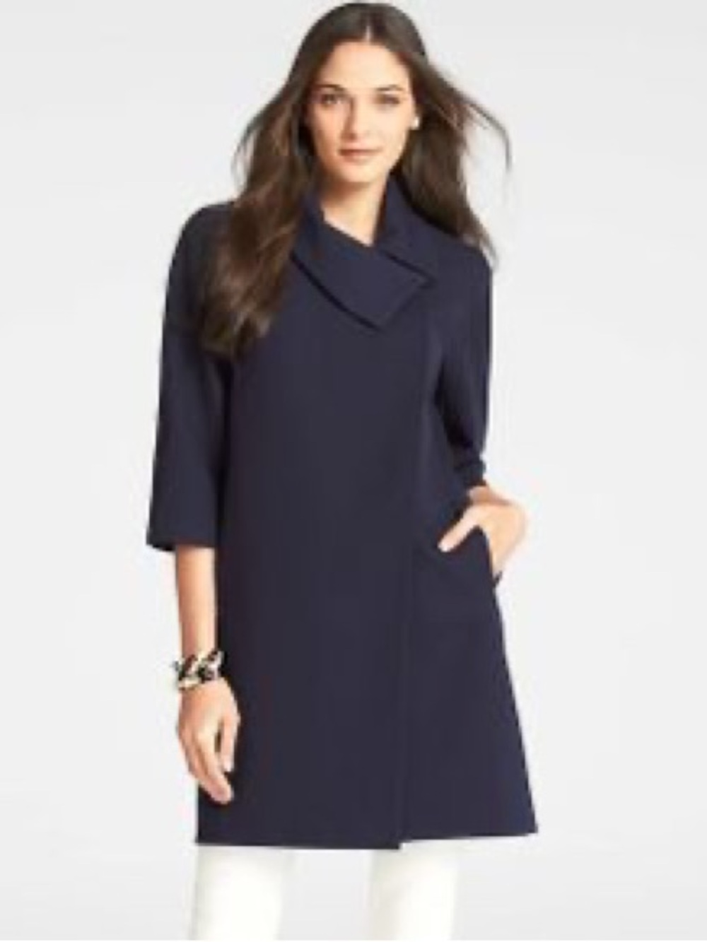 Ann Taylor Navy Asymmetric Collar 3/4 Sleeve Shift Jacket